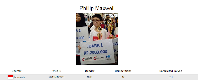 Profile akun WCA dari Phillip Maxwell yang berada pada peringkat 2 menyelesaikan rubik dengan tutup mata