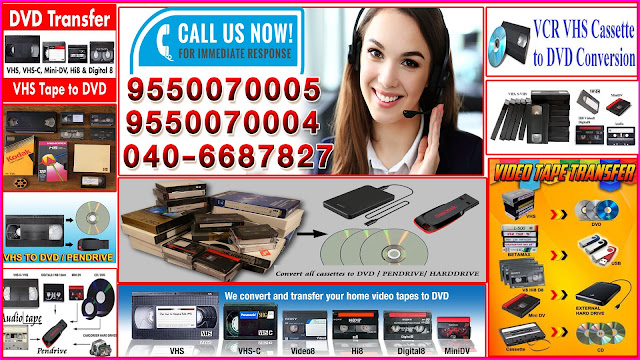 VCR VHS Cassette to DVD Conversion,HI8 VCR VHS Cassette DVD,VIDEO EDITING,AUDIO,VIDEO,DV CONVERSIONS. "VCR VHS Cassette to DVD Conversion" is a quality brand in Video and Audio Cassette Tape conversion service in South India serving at lowest possible prices in the market. Currently, we are offering Hyderabad, the best professional quality Digital Conversion of all types of Video Cassettes and Audio Cassettes at lowest prices with personalized customer support. Supported Video Cassette Formats VHS Cassette (VCR) VHS-C Cassette Hi8, Video8 Cassettes Mini DV Cassettes Audio Cassette Conversions We can also repair the damaged cassettes and restore them.