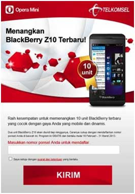 Halaman kirim Nomor Telkomsel untuk menang Hadiah BlackBerry Z10