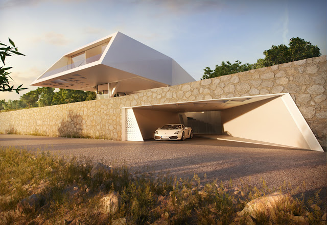 Open garage inside of the stone wall with white car parked inside