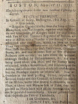 Report on the Battle of Bennington from the Boston Independent Chronicle