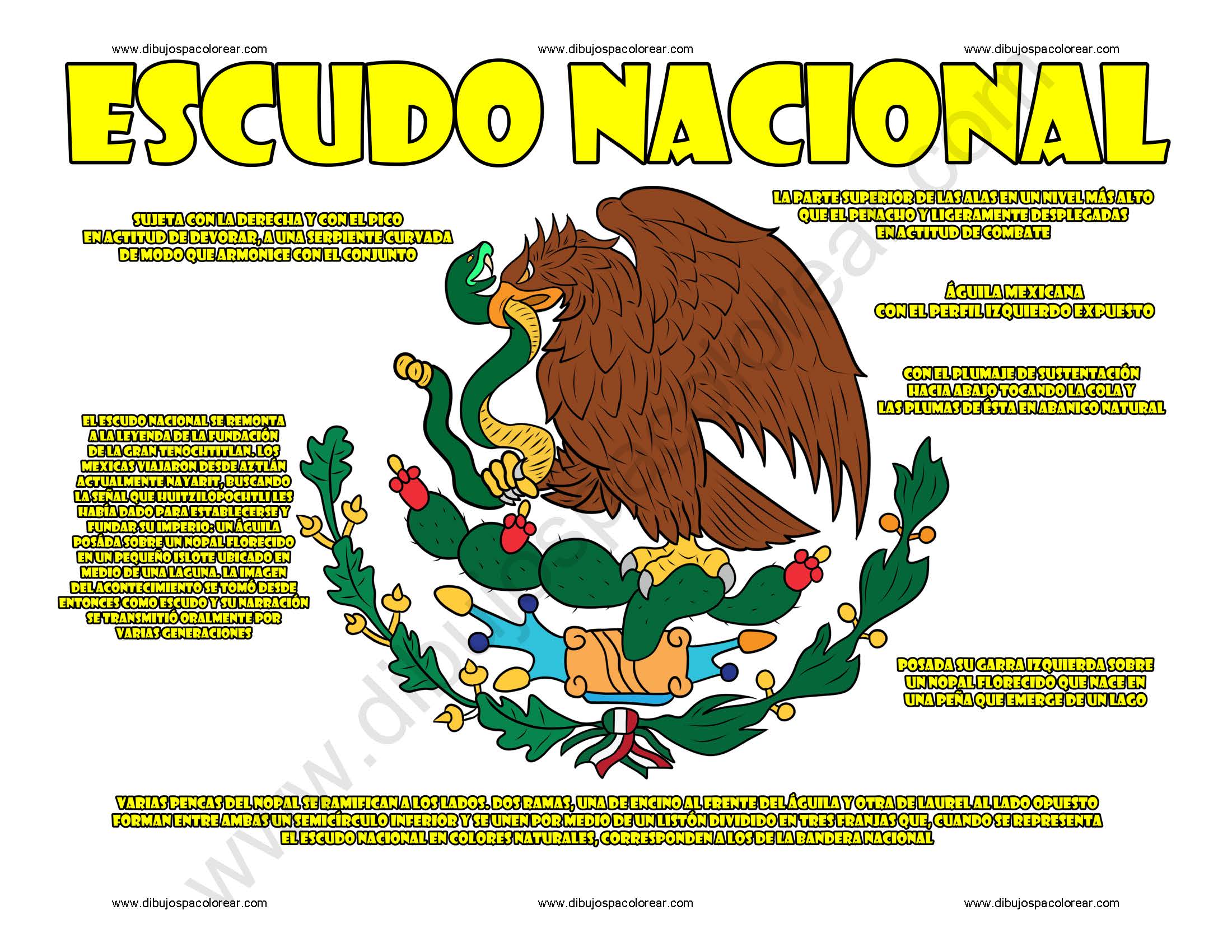 Significado del Escudo Nacional de México dibujo a color y para colorear