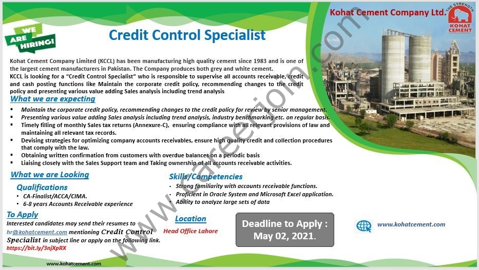 Kohat Cement Company Ltd KCCL Jobs in Pakistan 2021 Credit Control Specialist - Send CV to hr@kohatcernent.com_