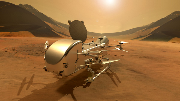 An artist's concept of NASA's Dragonfly rotorcraft resting on the surface of Saturn's moon Titan.