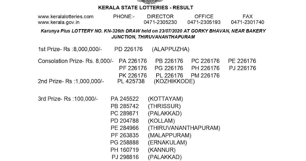 LIVE Kerala Lottery Result 23-07-2020 Karunya Plus KN-326 ...