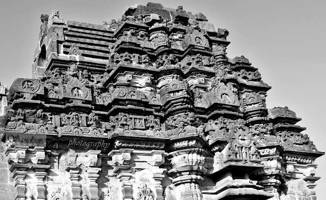 Sculptures on the Shikara of the Suryanarayana temple in black and white