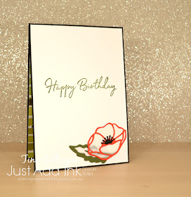 scissorspapercard, Stampin' Up!, Just Add Ink, Poppy Moments Dies, Painted Labels Dies, Layered Leaves Embossing Folder,  Peaceful Poppies DSP, Happy Birthday Too You, Sale-A-Bration