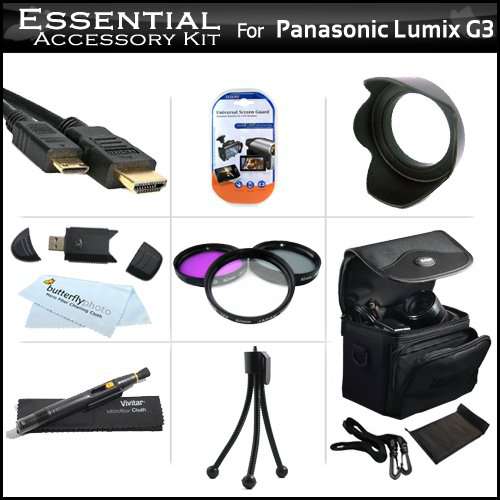 Essential Accessory Kit For Panasonic LUMIX DMC-G3, DMC-GF3 Digital Camera Includes Deluxe Case + Mini HDMI Cable + High Resolution 3PC Filter Kit (UV-CPL-FLD) + Lens Hood + LensPen Cleaning Kit + USB 2.0 SD Card Reader + LCD Screen Protectors + More