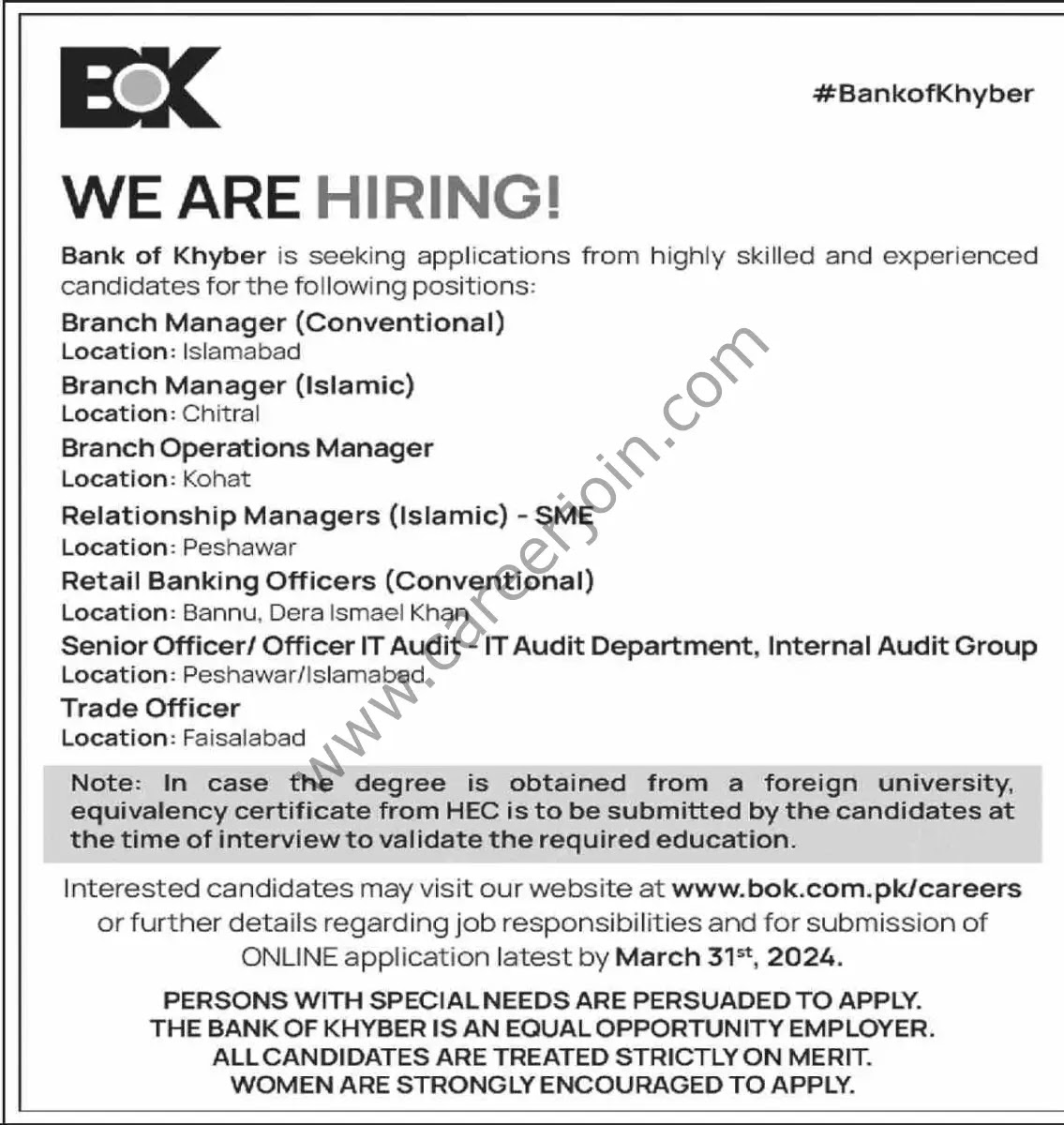 Bank of Khyber BOK Jobs In  Islamabad, Peshawar, Faisalabad, Kohat, Chitral 2024