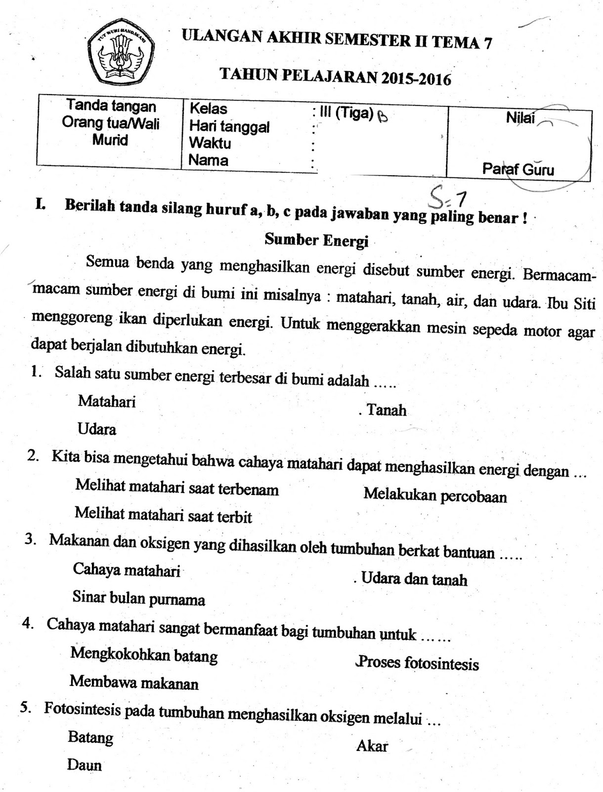 UAS Tema 7 Kelas3 SD SemesterGenap TA 15 16 Kurikulum2013