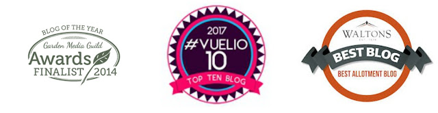 Awards logos - GMG Blog of the Year finalist, Top 10 Vuelio blog, Waltons Best Allotment blog