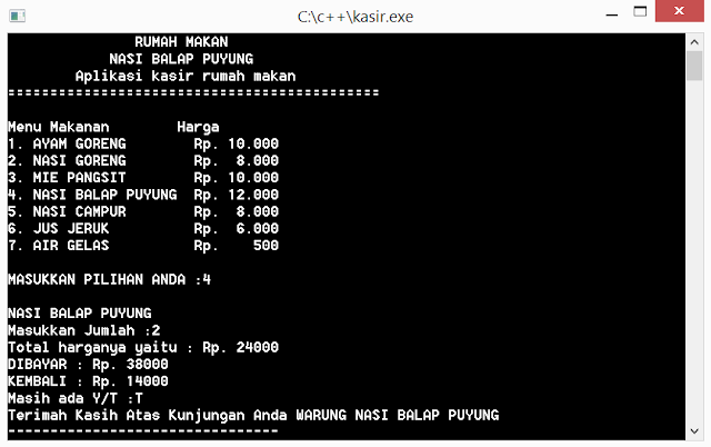 Gambar hasil runing Contoh program c++ kasir sederhana rumah makan 