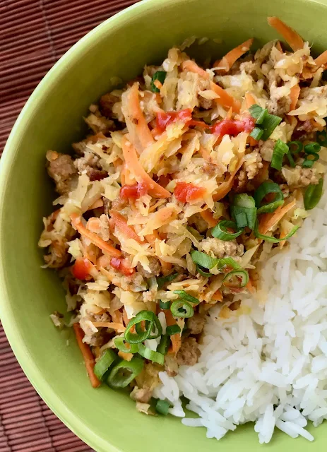 A finished bowl of Pork Egg Roll Bowls.