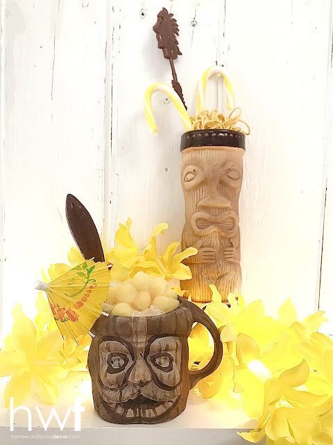 summer,tiki style,beach style,coastal style,painting,DIY,diy decorating,holiday,Christmas Decor,Christmas,trash to treasure,tutorial,up-cycling,re-purposed,vintage,santa mugs,vintage santa mugs,tiki mugs,