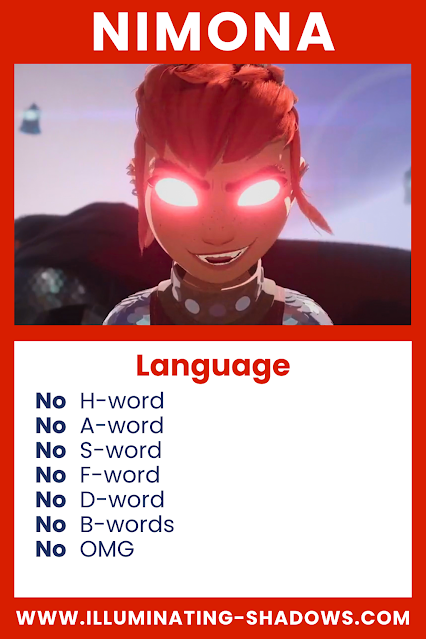 Nimona - Language - Picture of Nimona with glowing eyes and evil smile