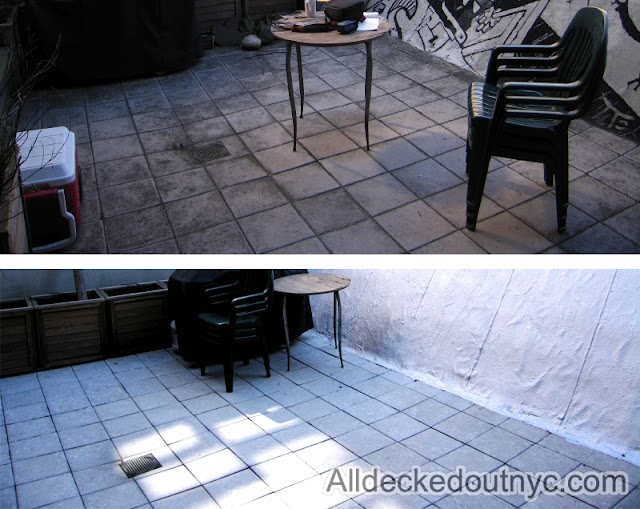 before and after pictures of a backyard patio after it has been power-washed