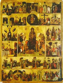 Ο Ακάθιστος Ύμνος, ρωσική εικόνα του 14ου αιώνα. Στο κέντρο εικονίζεται η Παναγία, ενώ καθεμιά από τις μικρές περιφερειακές εικόνες αφορά τη διήγηση ενός από τους 24 «οίκους» του Ακάθιστου Ύμνου