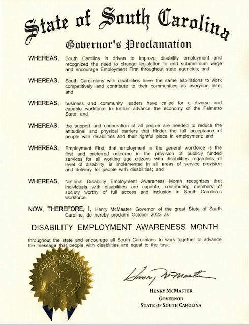 National Disabilities Employment Awareness Month proclamation signed by SC Governor Henry McMaster October 2023.