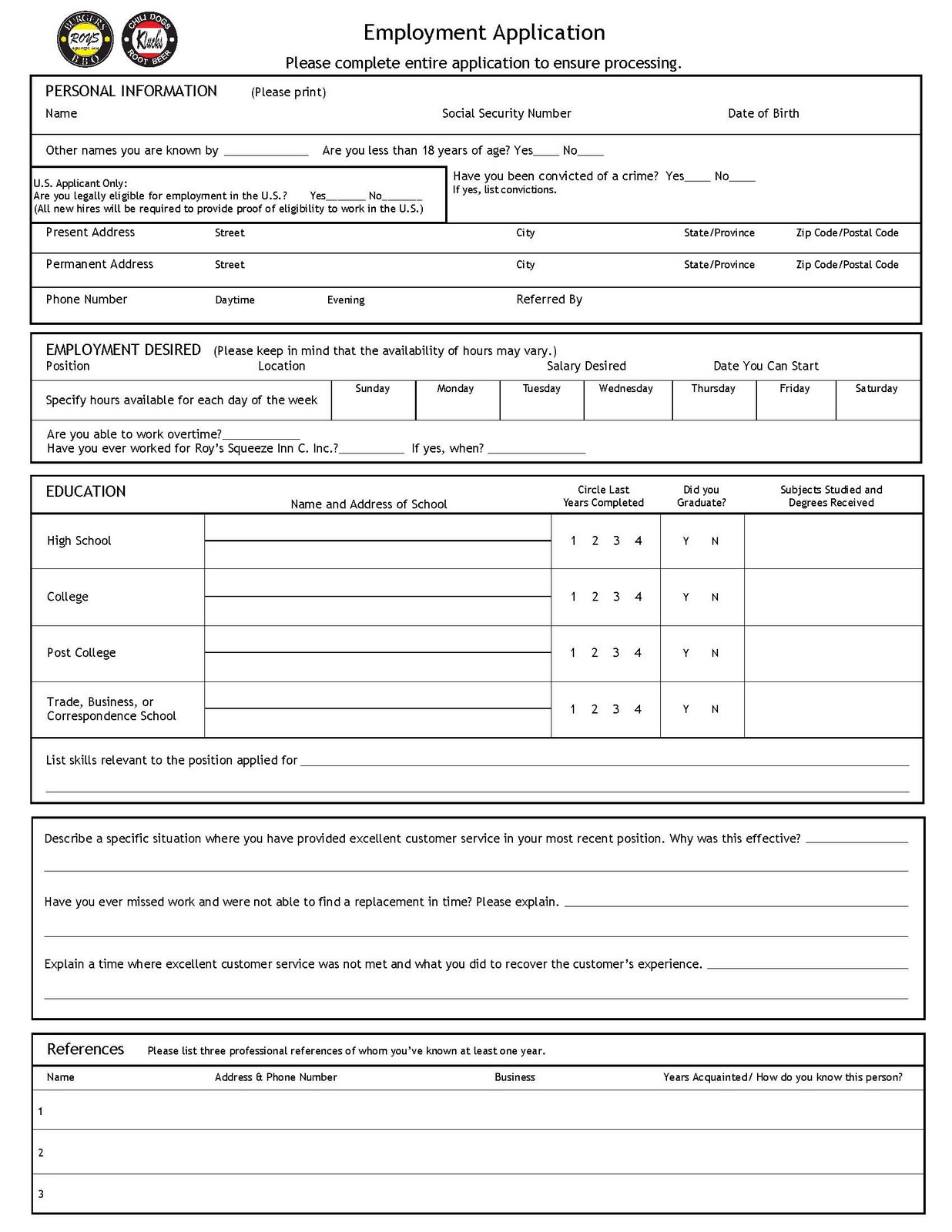 Please print and fill out both pages before dropping off at any Roy's ...