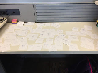 Photo of half index cards spread on my desk.