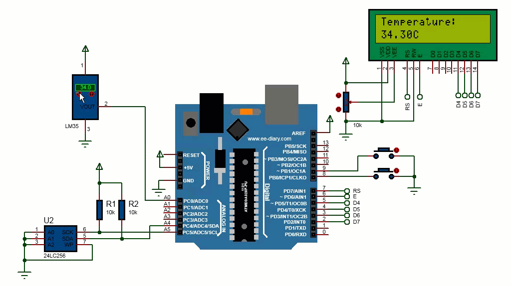 Arduino, External EEPROM,LM35 circuit diagram