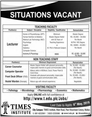 TIMES Institute Multan Jobs 2019 For Lecturer and others