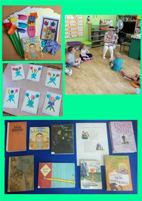 Zielone tło 4 zdjęcia elementy do zrobienia kartki gotowe kartki wystawka biblioteczna na dzień taty sala siedzące dzieci i pani pokazująca wzór kartki