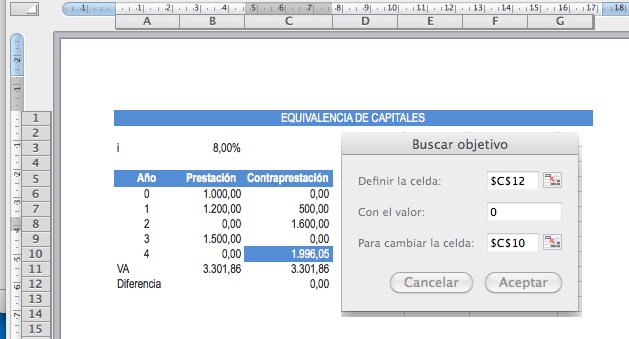 RESOLUCION DE LA EQUIVALENCIA FINANCIERA MEDIANTE SOLVER DE EXCEL