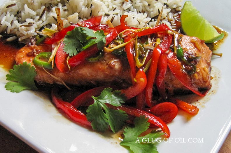 Foil baked salmon with peppers.