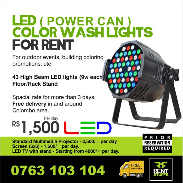 LED EGB Color Wash Lights for Rent ( Power Can )  For outdoor events, building coloring, promotions, etc  43 High Beam LED lights (9W each) Floor/Rack Stand  Rent per day LKR 1500/=  Spacial rate for more than 3 days or 3 units.  Call/SMS 0763 103 104 https://www.facebook.com/rentstuffs/  Free delivery in and around Colombo area.  #rent #hire #ledlight #ledwashlight #powercan #rgblight