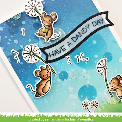 Dandy Day Card by Samantha Mann for Lawn Fawnatics Challenge, Lawn Fawn, Bokeh, Bubbles, Stencil, Mice, Handmade Cards, Card Making, #lawnfawn #bokeh #handmadecards #cardmaking #distressinks