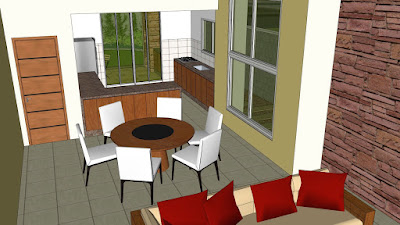 Perspectiva interna apresenta parta de sala de estar, sala de jantar e cozinha, com vista para a varanda e o quintal.