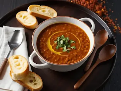 Healthy vegetarian red lentil soup — a hearty, protein-rich vegan meal ideal for comfort and nutrition.