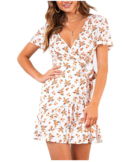 Relipop Summer Women Short Sleeve Print Dress V Neck Casual Short Dresses