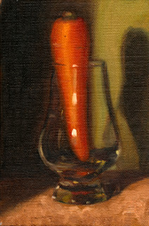 Oil painting of a carrot placed upright in a Glencairn whisky glass.