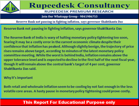 Reserve Bank not pausing in fighting inflation, says governor Shaktikanta Das - Rupeedesk Reports - 22.12.2022