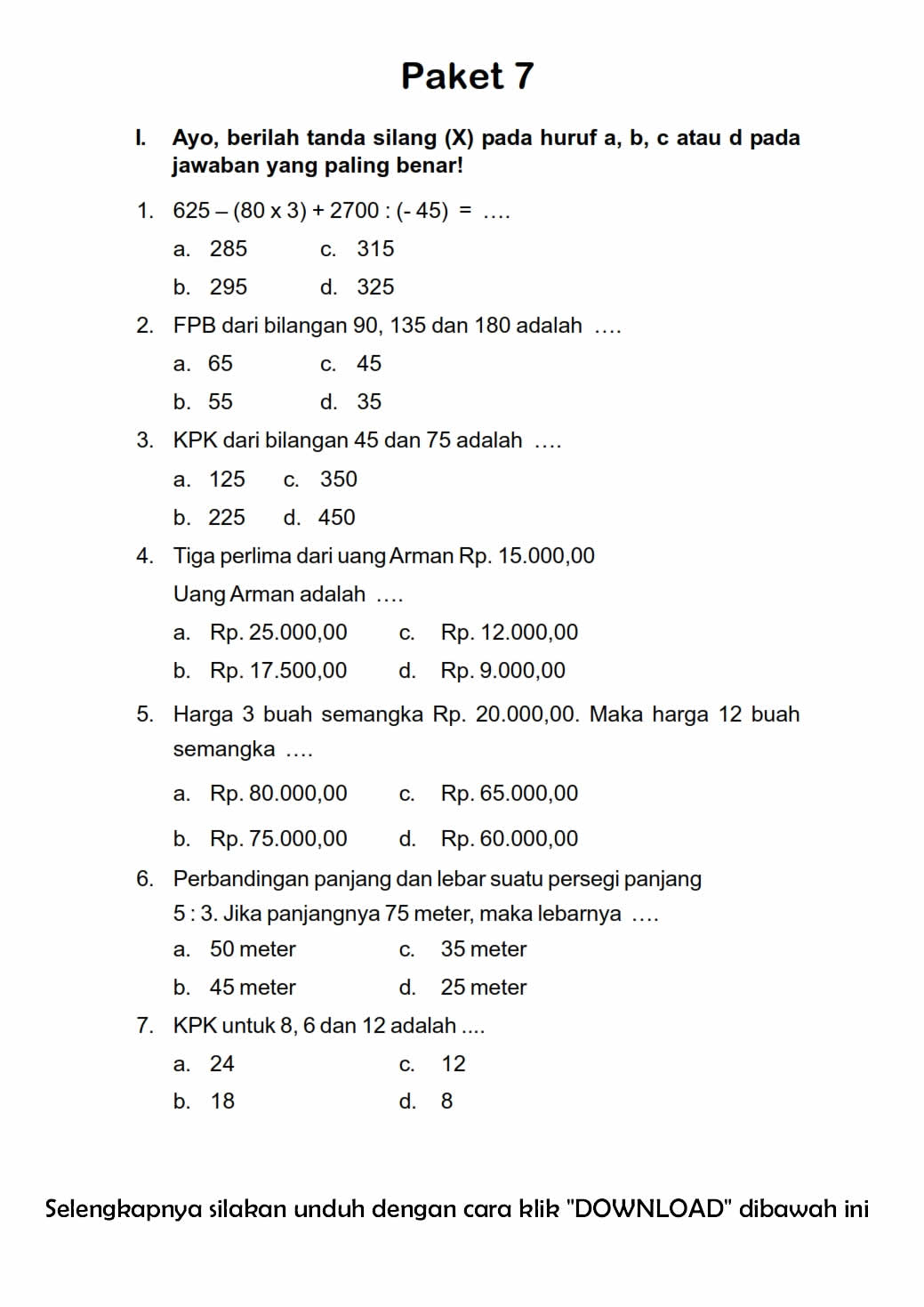 Download Soal  UAS Ganjil  Kelas  5 Semester  1 Matematika 