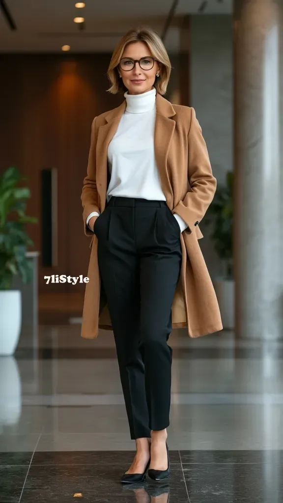 Professional woman wearing tailored pants and coat, ideal for polished winter professional look.
