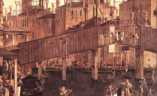 Carpaccio (1460_1526) Venise Le miracle de la relique de la Sainte Croix (détail) le pont en bois ancêtre du pont du Rialto