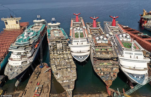 Cruise ships in the process of being scrapped at Aliaga shipyard in Turkey