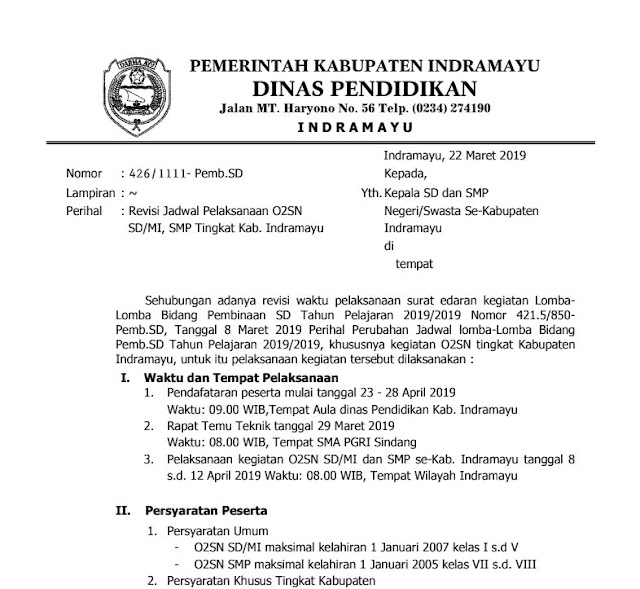 Download Revisi Jadwal Pelaksanaan O2SN SD/MI, SMP Tingkat Kab. Indramayu Tahun 2019