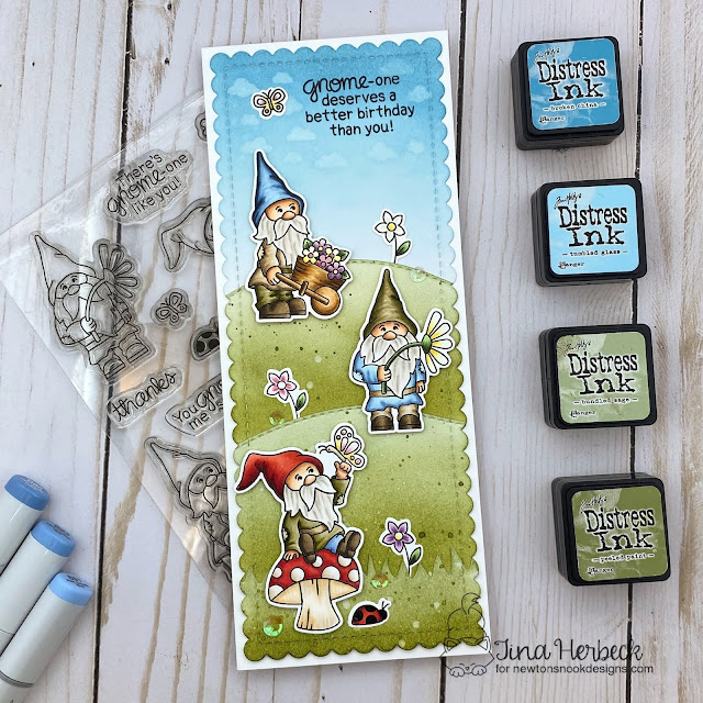 Slimline Gnome card by Tina Herbeck | Gnome Garden Stamp Set, Petite Clouds Stencil, Land Borders Die Set and Slimline Frames & Portholes Die Set by Newton's Nook Designs #newtonsnook