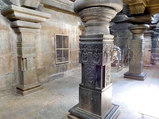 Precision carved granite pillars in the shrine room of the Bhoga Nandeeshwara Temple, Karnataka