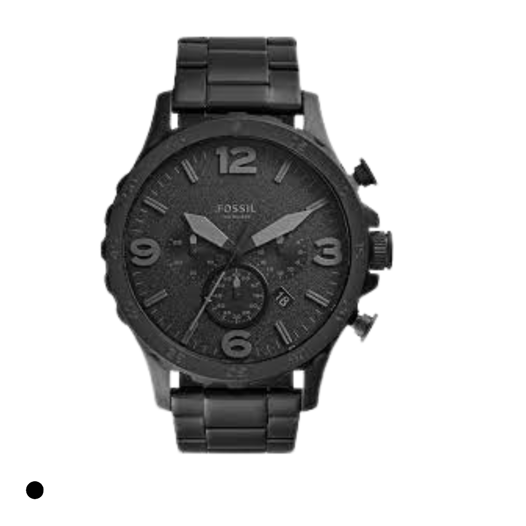 Men's Fossil Nate watch with a large chronograph dial and a leather or stainless steel band