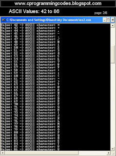 Output of ASCII code value from 42 to 86