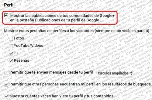 opción mostrar las publicaciones de comunidades en pestaña publicaciones de tu perfil de google+