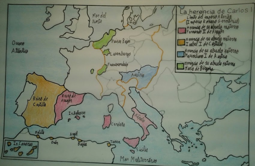 Herencia de Carlos I en Europa.Mapa histórico.