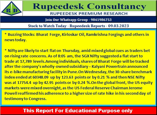 Stock to Watch Today - Rupeedesk Reports - 09.03.2023