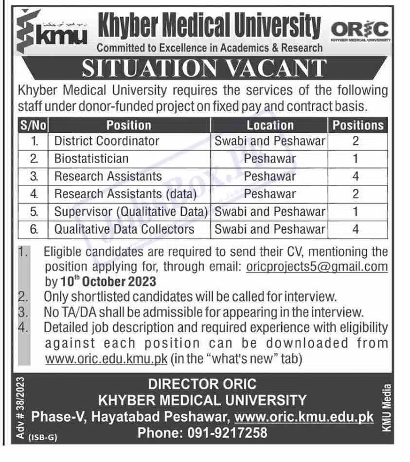 Job Opportunities at Khyber Medical University KMU | 2023