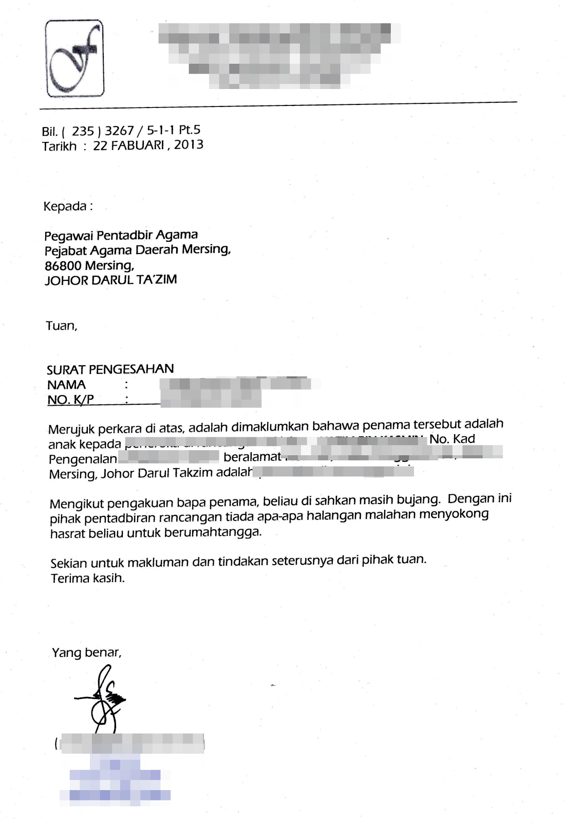 Jurnal Kahwin Aya Hantar borang permohonan kebenaran nikah (Johor)